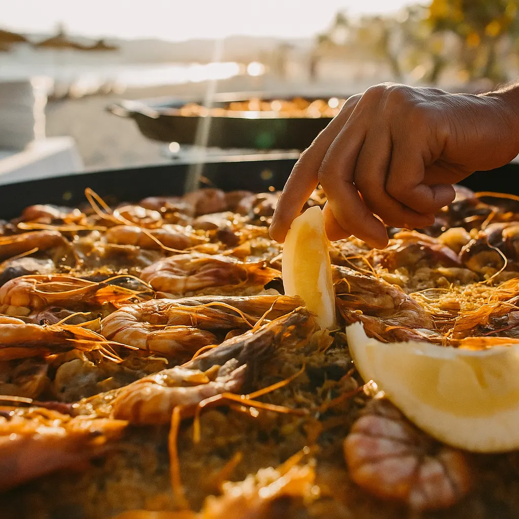 A hand adding lemon wedges to a seafood paella at a beachside dinner at sunset