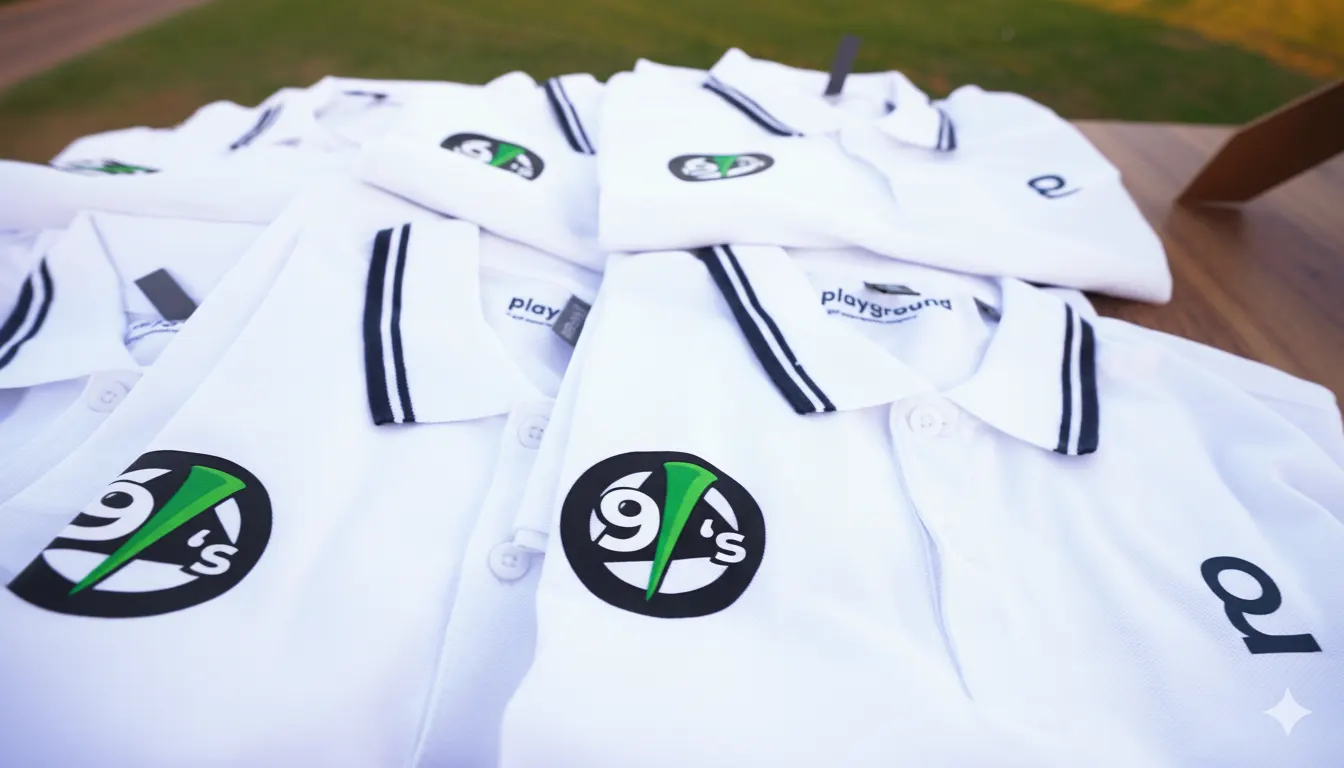 White team polos printed with custom team logos laid out on a table