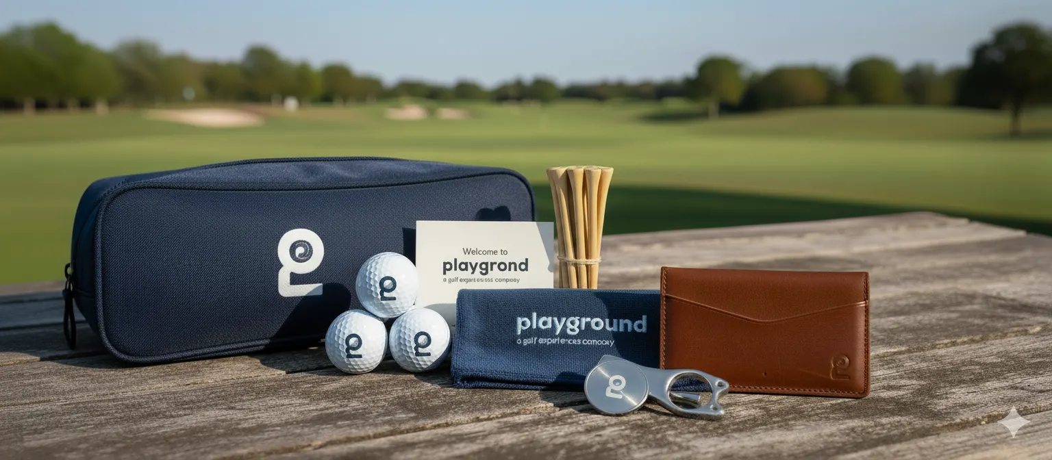 Eagle Kit golf accessories laid out on a wooden table next to the course