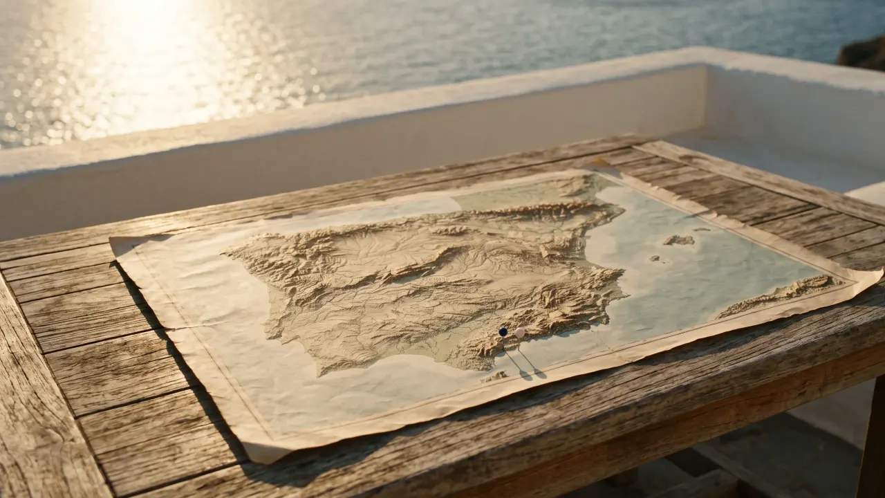 A shaded relief map of Spain and Portugal on a terrace table by the sea, with a navy pin and a white pin marking two teams
