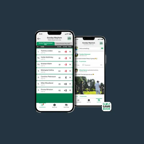 Two phones showing the Golf GameBook app with a live tournament leaderboard and a group feed