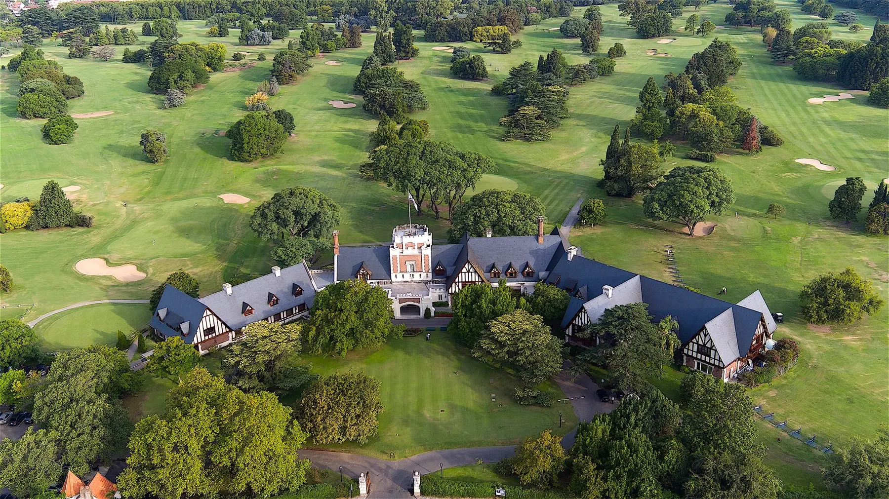 Aerial view of the Jockey Club clubhouse and golf course in Buenos Aires