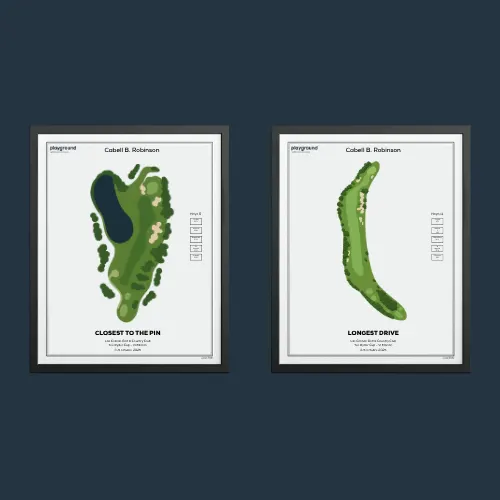 Two framed course prints labelled Longest Drive and Closest to the Pin