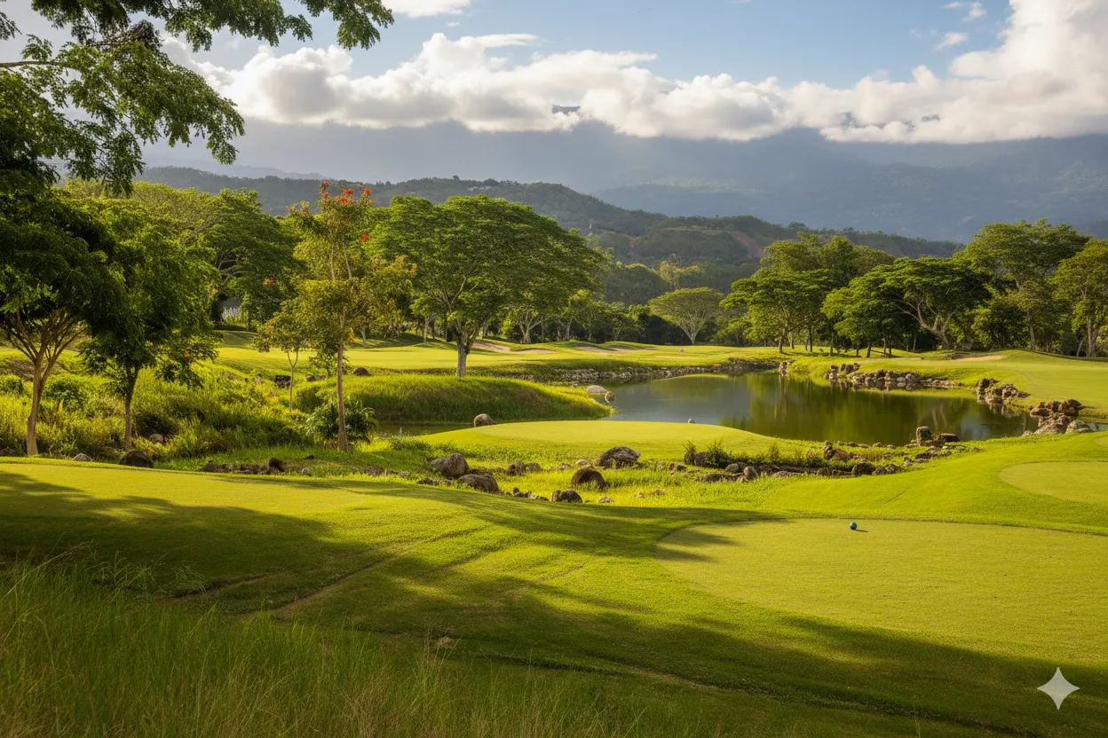 Golf course with a lake and mountains in the background at Mesa de Yeguas, near Bogotá