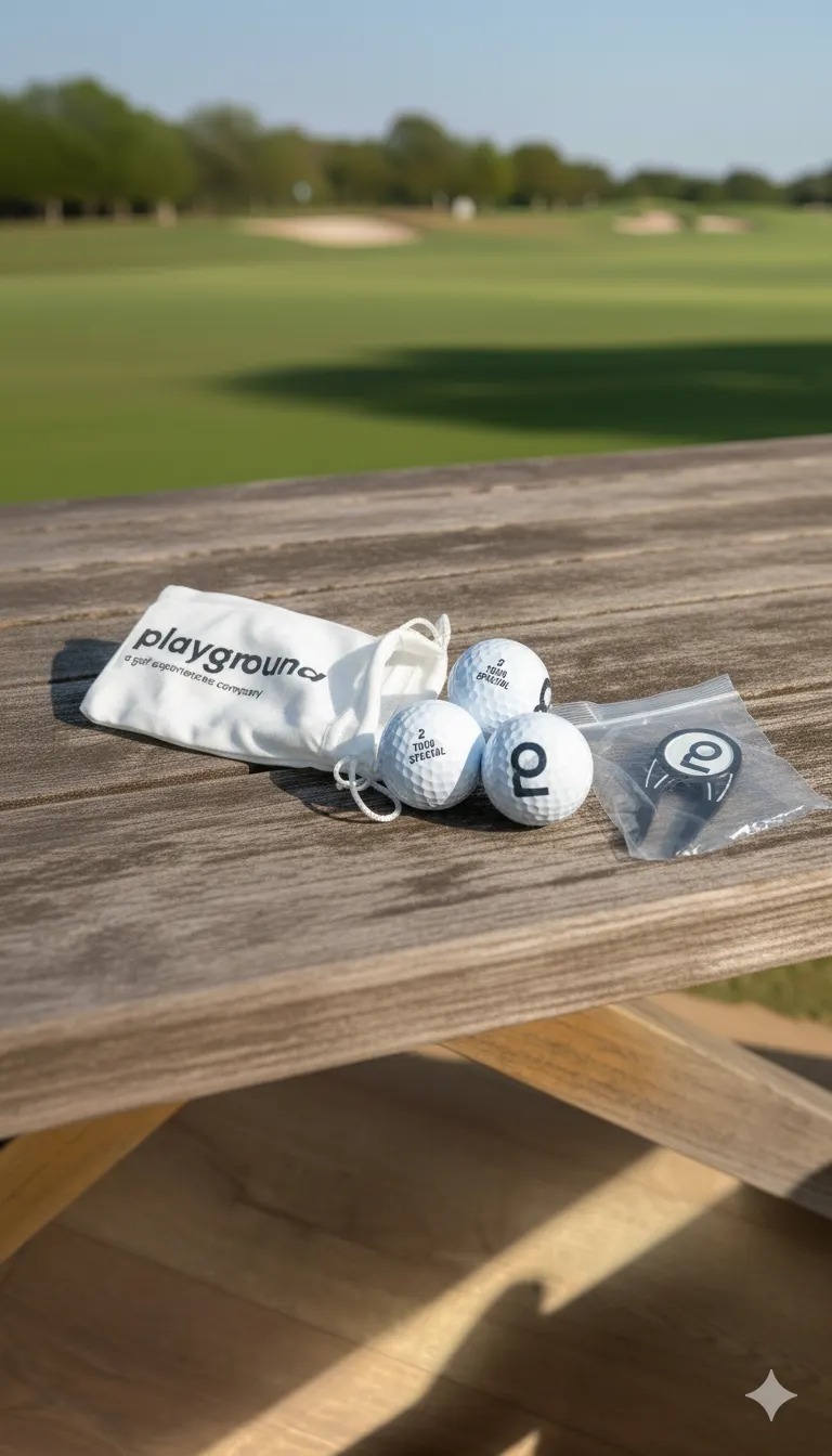 playground welcome kit with golf balls and a branded drawstring pouch on a wooden table